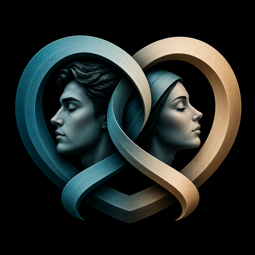 Two faces at peace inside an interlocking pretzel heart